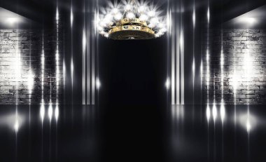 Boş sahne arka planı. Yanan antika avizeli boş bir oda. Neon ışık duman