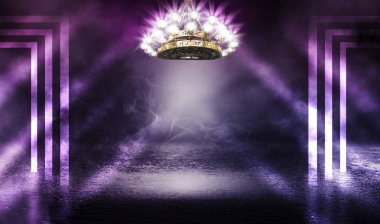 Boş sahne arka planı. Yanan antika avizeli boş bir oda. Neon ışık duman