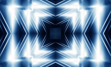 Neon şekilli soyut fütüristik koyu arka plan, mavi neon ışıklar.