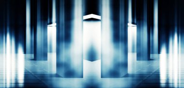 Boş sahne arka planı. Beton sütunlar ve neon ışıkları ile boş oda. 3d illüstrasyon