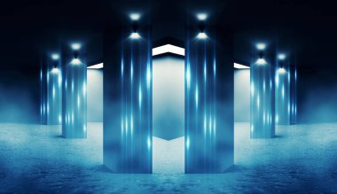 Boş sahne arka planı. Beton sütunlar ve neon ışıkları ile boş oda. 3d illüstrasyon