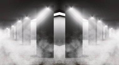 Boş sahne arka planı. Beton sütunlar ve neon ışıkları ile boş oda. 3d illüstrasyon