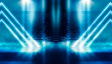 Boş, karanlık bir sokağın arka planı, geceleri bina, beton kaldırım, kiremit. Neon ışık, spot ışığı, duman, sis