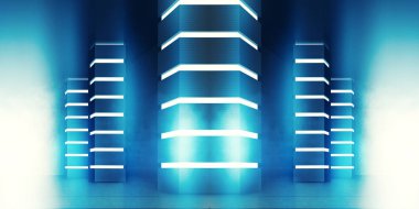 Boş bir koridorun arka planı, beton sütunlu odalar ve neon ışıklar.