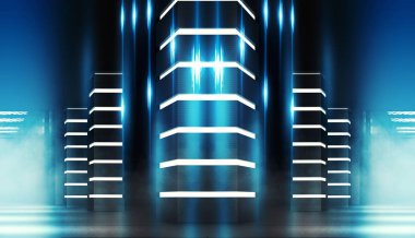 Boş bir koridorun arka planı, beton sütunlu odalar ve neon ışıklar.