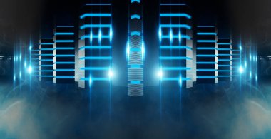 Boş bir koridorun arka planı, beton sütunlu odalar ve neon ışıklar.