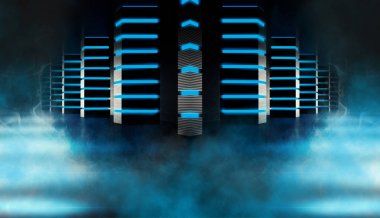 Boş bir koridorun arka planı, beton sütunlu odalar ve neon ışıklar.