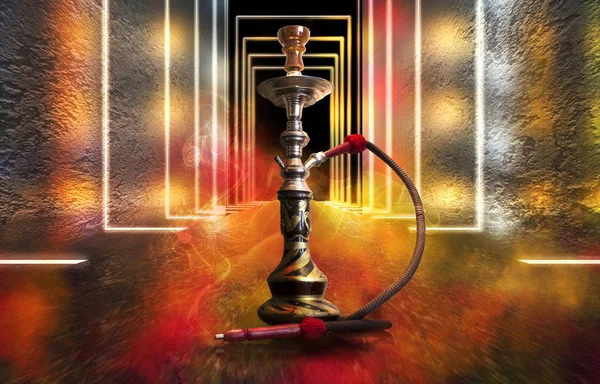 Hookah rökning på en mörk abstrakt bakgrund. Vattenpipa på en konkret bakgrund, neonljus, suddiga nattlampor, bokeh — Stockfoto