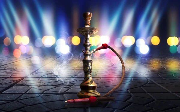 Hookah smoking on a dark abstract background. Hookah on a concrete background, neon lights, blurred night lights, bokeh — Stock Photo, Image