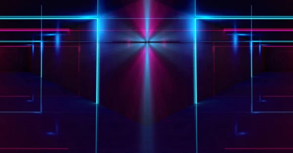 Background of empty space with neon pink and blue lines. Neon light smoke