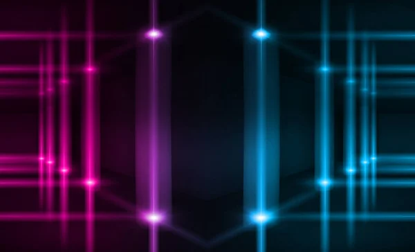 Background of empty space with neon pink and blue lines. Neon light smoke