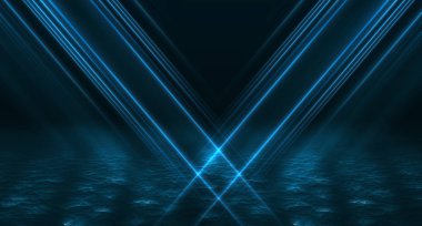 Boş sokağın arka planı, oda. Gece boş sahnenin arka planı. Beton kaplama. Neon ışıkların ıslak kaldırım yansıması. Neon mavi çizgileri. Koyu soyut arka plan.