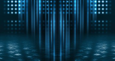 Boş sokağın arka planı, oda. Gece boş sahnenin arka planı. Beton kaplama. Neon ışıkların ıslak kaldırım yansıması. Neon mavi çizgileri. Koyu soyut arka plan.