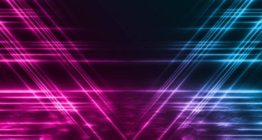 Boş arka plan sahnesi. Koyu sokak, ıslak kaldırımüzerinde mavi ve pembe neon ışık bir yansıması. Karanlıkta ışık ışınları, duman. Caddenin, şehrin gece manzarası. Soyut koyu arka plan.