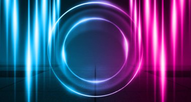 Boş arka plan sahnesi. Koyu sokak, ıslak kaldırımüzerinde mavi ve pembe neon ışık bir yansıması. Karanlıkta ışık ışınları, duman. Caddenin, şehrin gece manzarası. Soyut koyu arka plan.