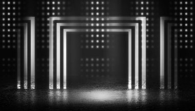 Boş sokağın arka planı, oda. Gece boş sahnenin arka planı. Beton kaplama. Neon ışıkların ıslak kaldırım yansıması. Neon mavi çizgileri. Koyu soyut arka plan.