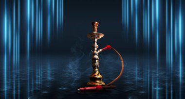 Nargile, koyu soyut bir arka planda sigara içiyor. Neon ışıklar ve renkli ışıklar ile boş sahnelerin arka plan, ıslak asfalt üzerinde gece ışıkları yansıması
