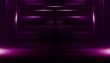 Boş arka plan sahnesi. Koyu sokak, ıslak asfalt üzerinde pembe neon ışık yansıması. Karanlıkta ışık ışınları, duman. Caddenin, şehrin gece manzarası. Soyut koyu mor arka plan.