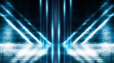 Boş sahne arka planı. Koyu sokak, tuğla duvarlar, ıslak asfalt neon ışık yansıması. Mavi ve pembe neon karanlıkta ışık, duman. Caddenin, şehrin gece manzarası. Soyut koyu arka plan.