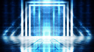 Boş sahne arka planı. Koyu sokak, tuğla duvarlar, ıslak asfalt neon ışık yansıması. Mavi ve pembe neon karanlıkta ışık, duman. Caddenin, şehrin gece manzarası. Soyut koyu arka plan.