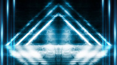 Boş sahne arka planı. Koyu sokak, tuğla duvarlar, ıslak asfalt neon ışık yansıması. Mavi ve pembe neon karanlıkta ışık, duman. Caddenin, şehrin gece manzarası. Soyut koyu arka plan.