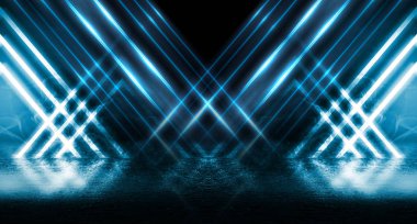 Boş sahne arka planı. Karanlık sokak, ıslak asfalt üzerinde neon ışık yansıması. Karanlıkta ışık ışınları, duman. Caddenin, şehrin gece manzarası. Soyut koyu mavi arka plan.