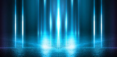 Boş arka plan sahnesi. Koyu sokak, ıslak kaldırımüzerinde mavi ve pembe neon ışık bir yansıması. Karanlıkta ışık ışınları, duman. Caddenin, şehrin gece manzarası. Soyut koyu arka plan.