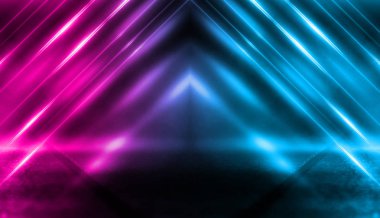 Boş arka plan sahnesi. Koyu sokak, ıslak kaldırımüzerinde mavi ve pembe neon ışık bir yansıması. Karanlıkta ışık ışınları, duman. Caddenin, şehrin gece manzarası. Soyut koyu arka plan.