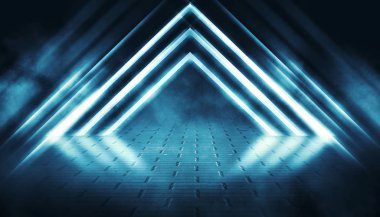 Boş, karanlık bir sokağın arka planı, geceleri bina, beton kaldırım, kiremit. Neon ışık, spot ışığı, duman, sis