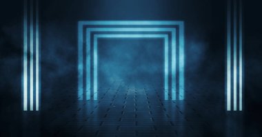 Boş, karanlık bir sokağın arka planı, geceleri bina, beton kaldırım, kiremit. Neon ışık, spot ışığı, duman, sis