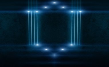 Boş sahne arka plan, neon ışıklı oda. Neon ışınları ve çizgileri