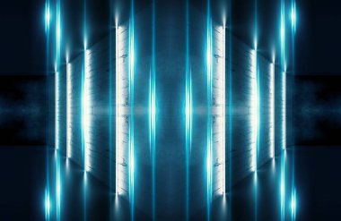 Tuğla duvar ve neon ışık ile soyut koyu arka plan. Neon mavi ışınları