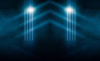 Boş sahne arka plan, neon ışıklı oda. Neon ışınları ve çizgileri