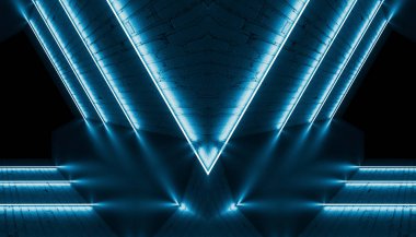 Tuğla duvar ve neon ışık ile soyut koyu arka plan. Neon mavi ışınları
