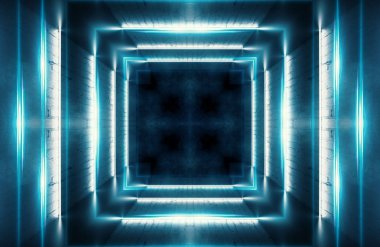 Tuğla duvar ve neon ışık ile soyut koyu arka plan. Neon mavi ışınları