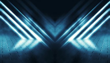 Boş, karanlık bir sokağın arka planı, geceleri bina, beton kaldırım, kiremit. Neon ışık, spot ışığı, duman, sis