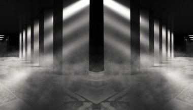 Boş bir karanlık oda arka plan, bir koridor sütunlarla, spot. Beton zemin. Neon ışık duman