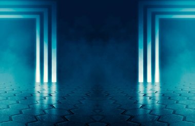 Boş karanlık sokak arka plan, beton kaldırım, çini. Neon ışık, spot, duman, duman