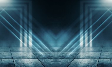 Boş sahne arka planı. Beton zemin, fayans, spot ışıklı boş oda. Neon ışık, duman.