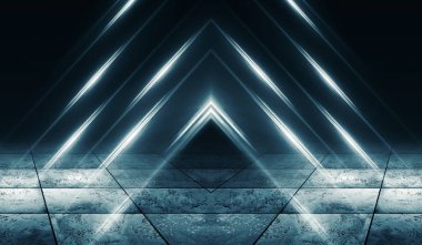 Boş sahne arka planı. Beton zemin, fayans, spot ışıklı boş oda. Neon ışık, duman.