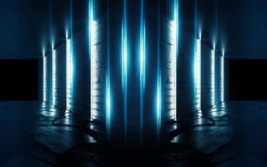 Tuğla duvarlar ve neon ışıkları, lazer hatları ve çok renkli duman ile boş bir oda arka plan