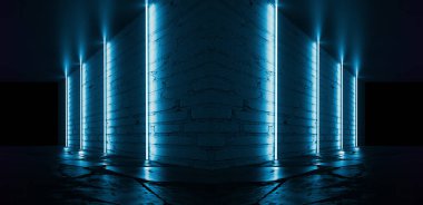 Tuğla duvarlar ve neon ışıkları, lazer hatları ve çok renkli duman ile boş bir oda arka plan