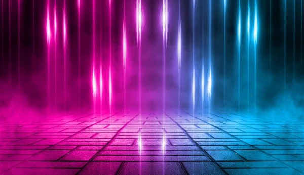 Empty background scene. Dark street, a reflection of blue and pink neon light on wet pavement. Rays of light in the dark, smoke. Night view of the street, the city. Abstract dark background.