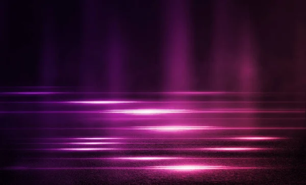 Empty background scene. Dark street, reflection of pink neon light on wet asphalt. Rays of light in the dark, smoke. Night view of the street, the city. Abstract dark purple background.