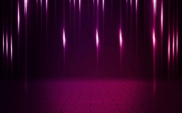 Empty background scene. Dark street, reflection of pink neon light on wet asphalt. Rays of light in the dark, smoke. Night view of the street, the city. Abstract dark purple background.