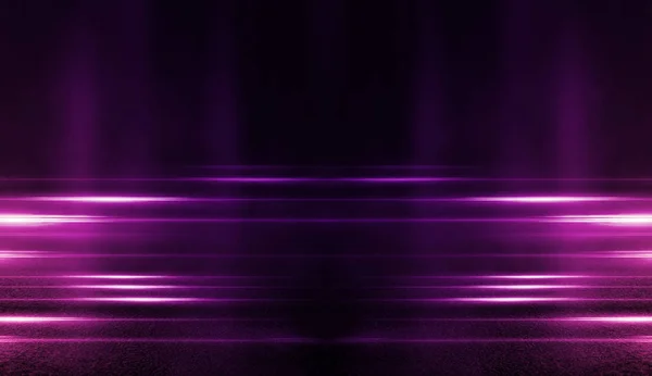 Empty background scene. Dark street, reflection of pink neon light on wet asphalt. Rays of light in the dark, smoke. Night view of the street, the city. Abstract dark purple background. — Stock Photo, Image