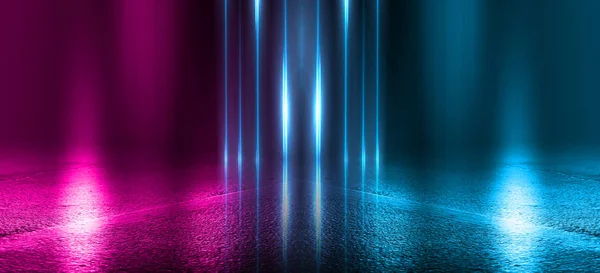 Empty background scene. Dark street, a reflection of blue and pink neon light on wet pavement. Rays of light in the dark, smoke. Night view of the street, the city. Abstract dark background. — Stock Photo, Image