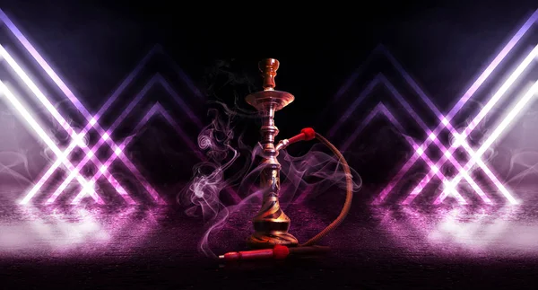 Hookah smoking on a dark abstract background. Background of empty scenes with neon lights and colored lights, reflection of night lights on wet asphalt — Stock Photo, Image