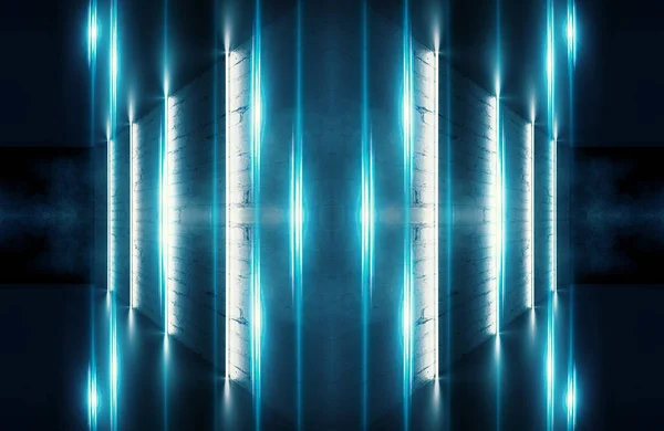Abstracte donkere achtergrond met bakstenen muur en neon licht. Neon blauwe stralen — Stockfoto