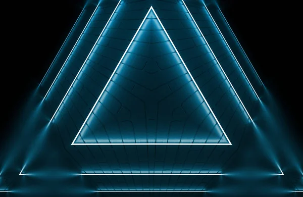 Абстрактный темный фон с брикетной стеной и неоновым светом. Неоновые синие лучи — стоковое фото